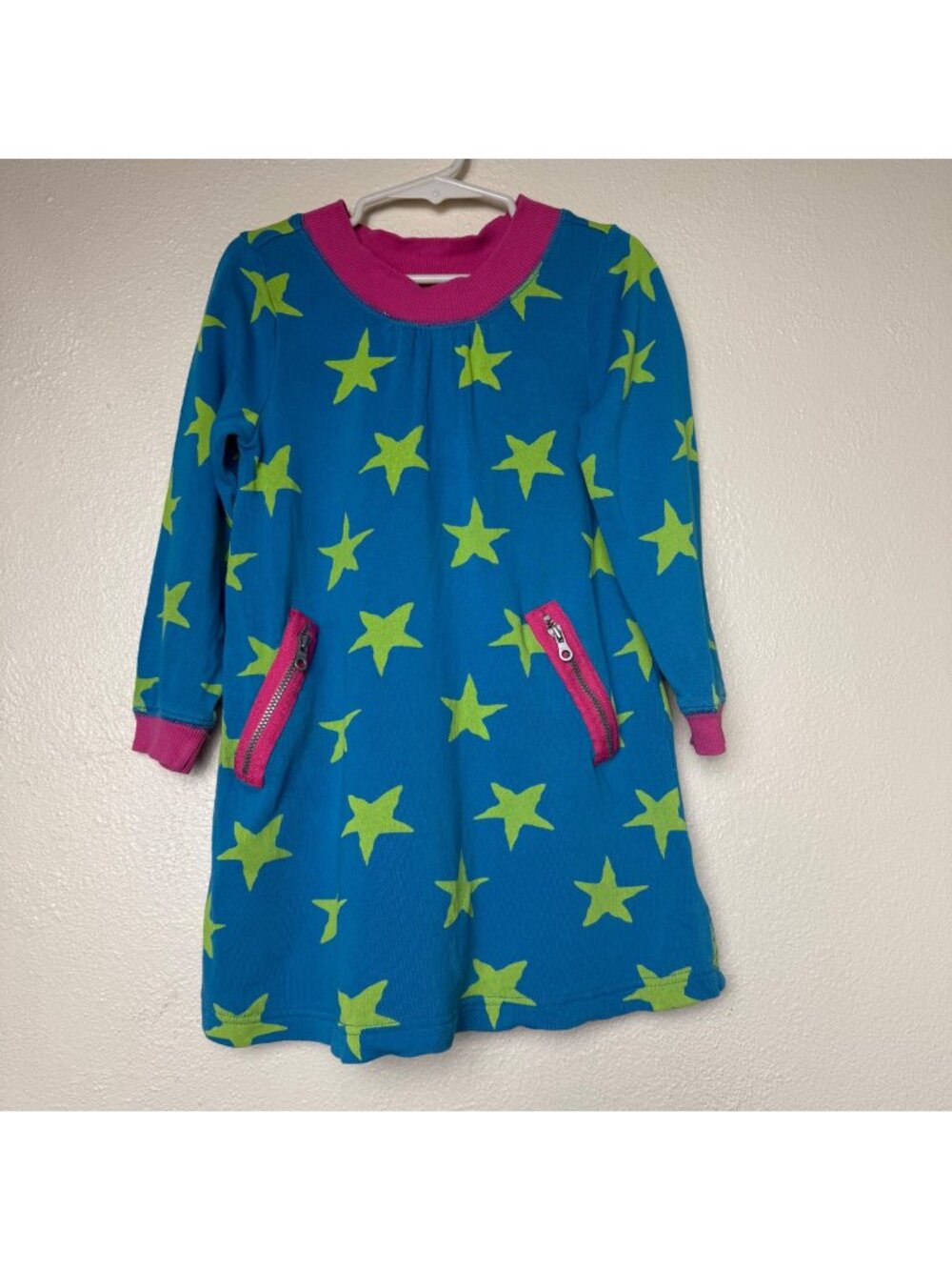Hanna Andersson Blue Lime Star Print Long Sleeve Pullover Dress Sz 100 / US 3T